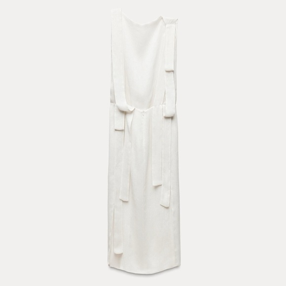 knee length dresses for ladies BRAND NEW ZARA WHITE CROSS OVER OPEN BACK A-LINE LINEN BLEND MIDI DRES   Whispers Dress Agency